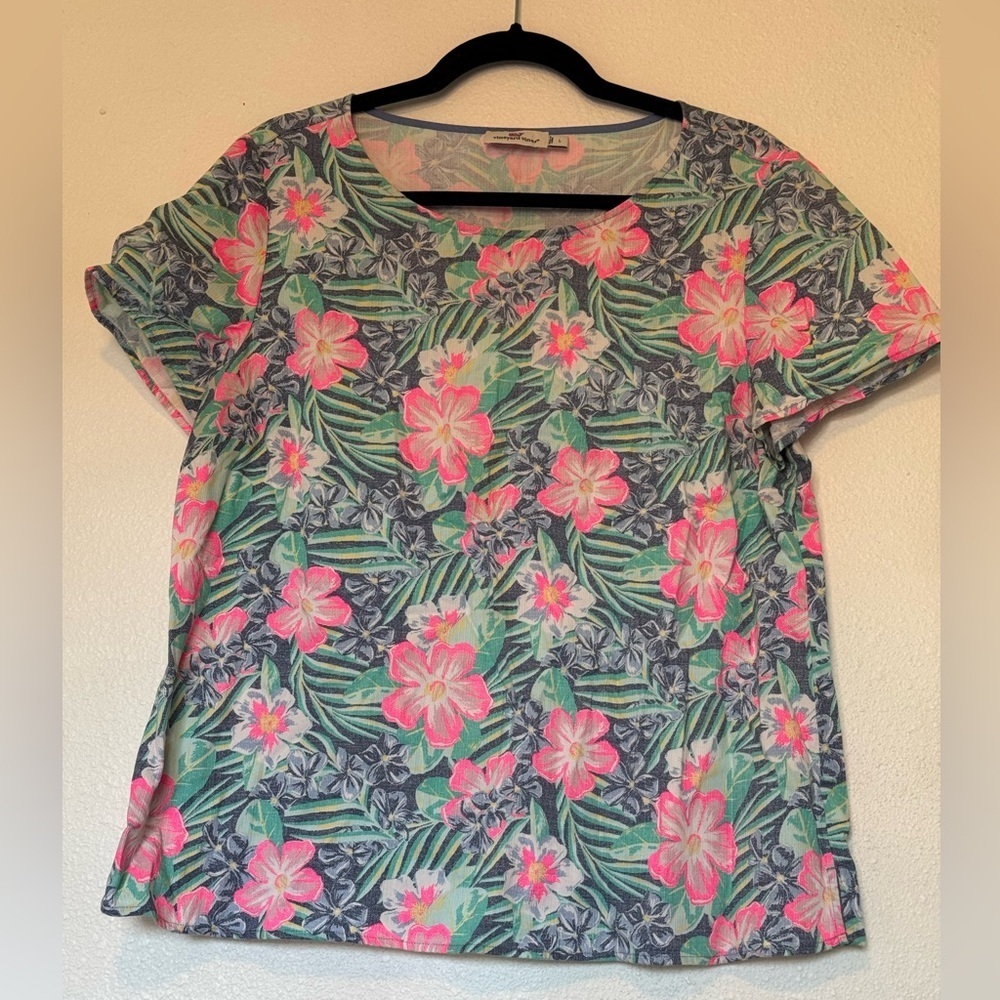 Vineyard Vines Women's Large Shirt Blue Pink Island Floral Cotton Top size L